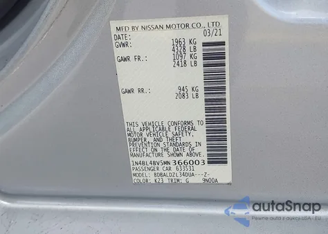 2021 Nissan Altima S Fwd z USA, uszkodzony, nr VIN 1N4BL4BV5MN366003